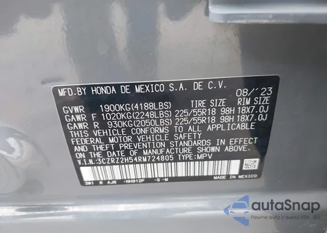 2024 Honda Hr-V Awd Sport/Awd Sport W/O Bsi from USA, damaged, VIN 3CZRZ2H54RM724805